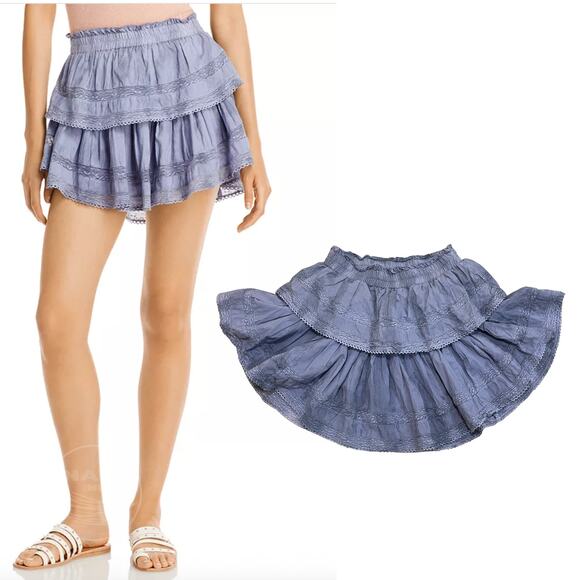 LoveShackFancy XS Blue Tiered Lace Mini Skirt | Cotton, Elastic Waist, Sold Out - Picture 9 of 13
